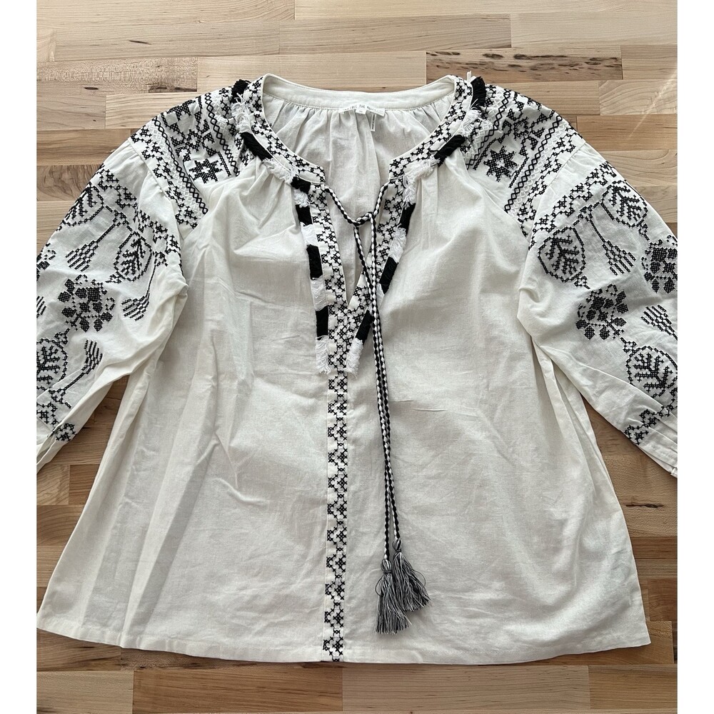 Free The Roses Bohemian 100% Cotton Embroidered Blouse Tassels Blk & White XS